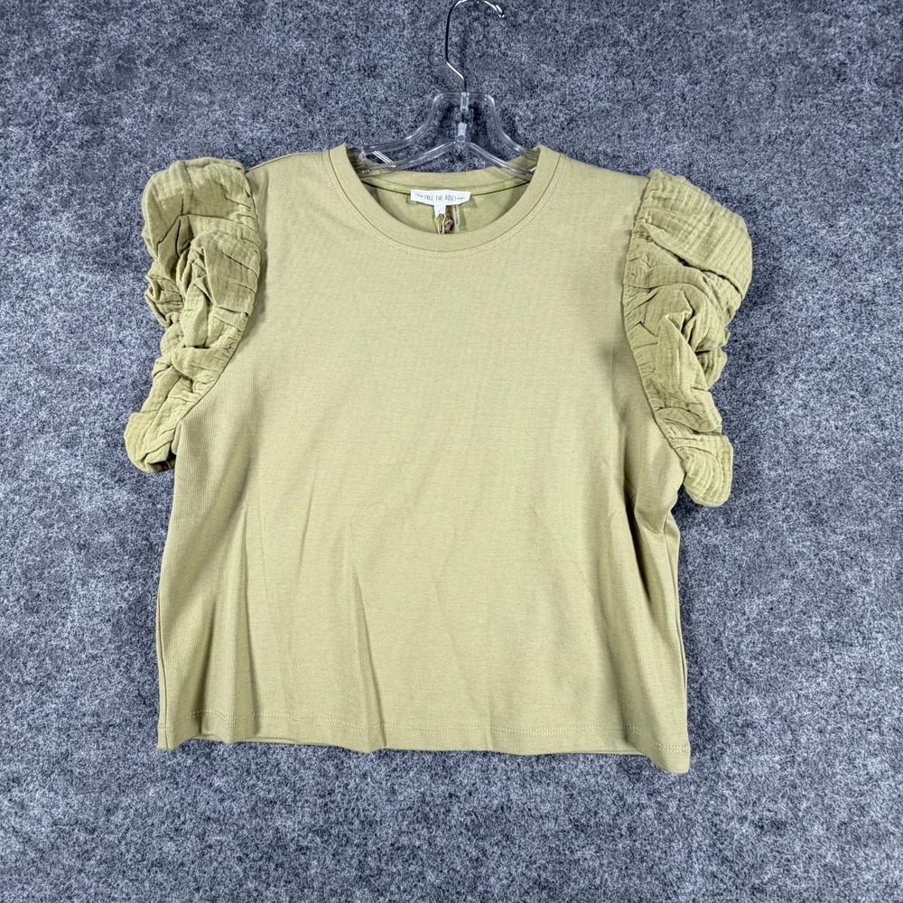 NWT Free‎ The Roses Mixed Media Top Womens L Olive Green Puff Ruffle Sleeve